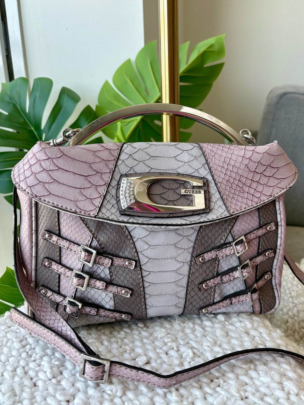 Vintage Y2K Guess Pink Snakeskin Satchel | Rhinestone G Buckle Crossbody Purse